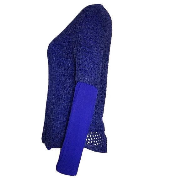 CHICOS Solid All Blue Layered Knit Long Sleeve Top Size 0 Womens S Small/4 - Picture 2 of 7